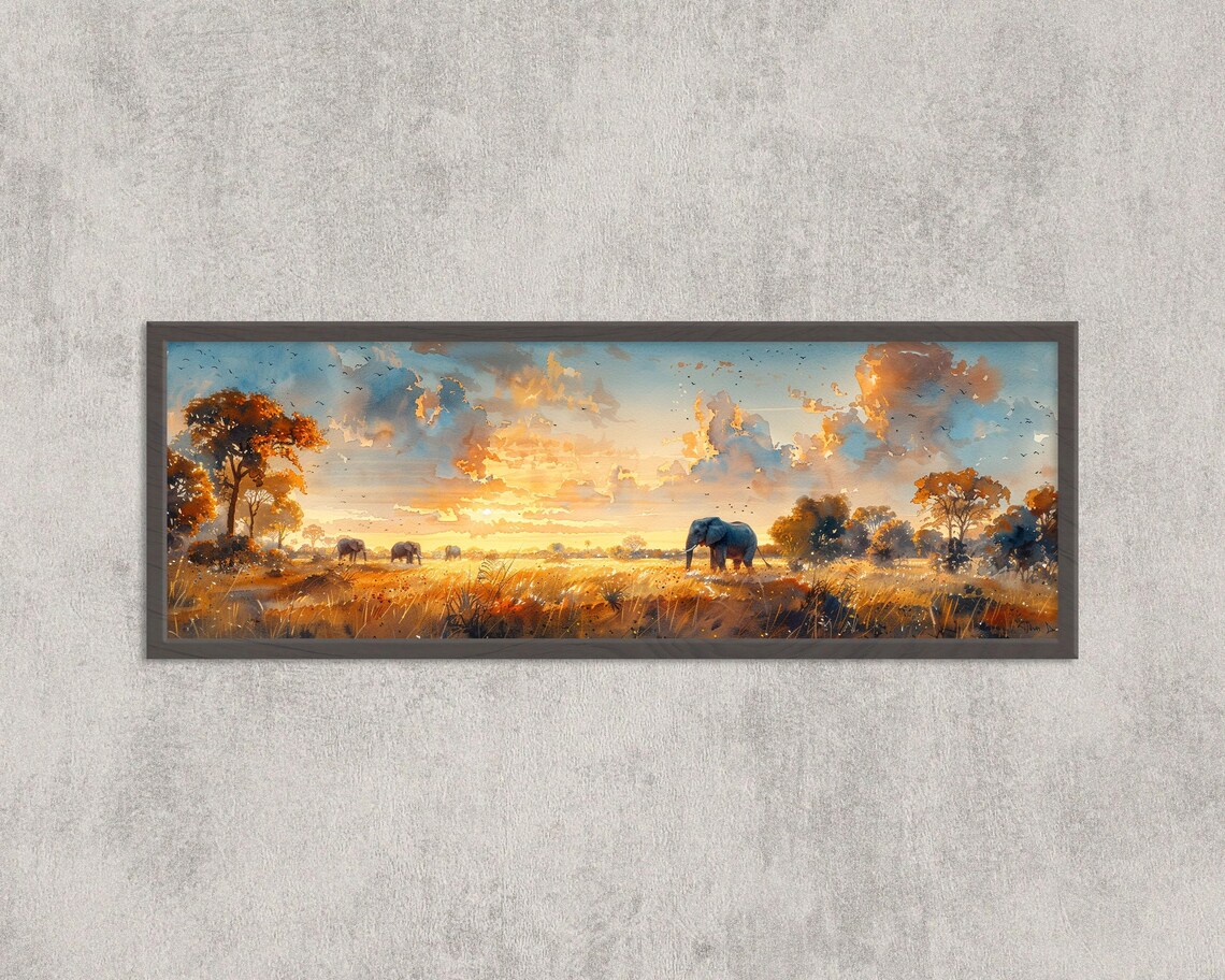 Kruger Elephant Sunset African Savanna Golden Watercolor Art Poster