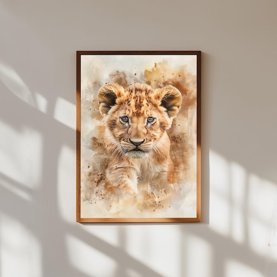 Cute Lion Cub Front Portrait Watercolor Safari Nursery Baby Room Wall Art