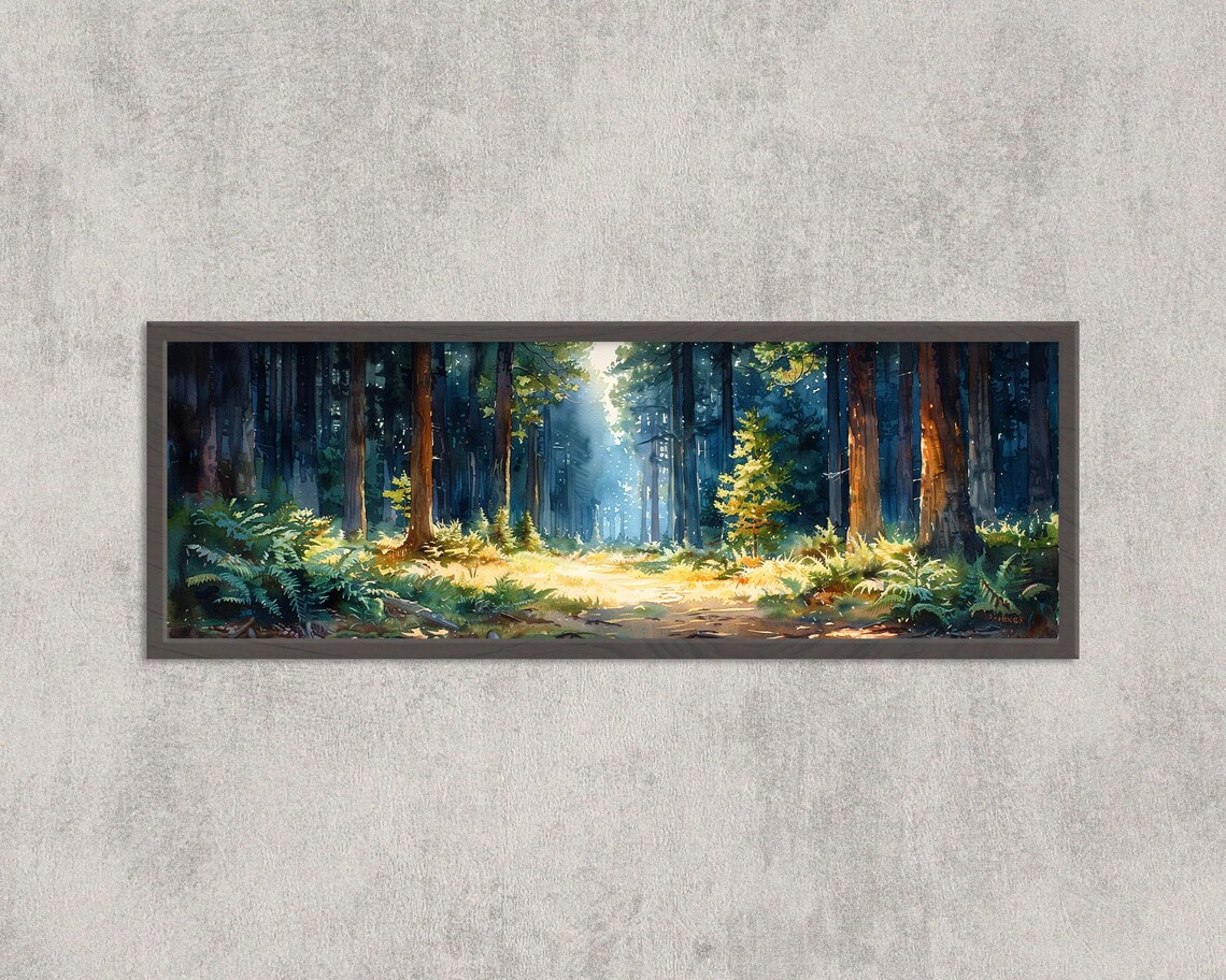 Redwood Forest Sunlight Through Tall Trees Panoramic Watercolor Art Poster
