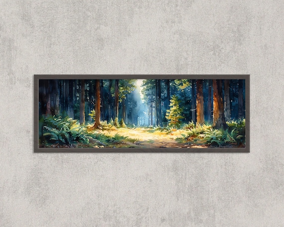 Redwood Forest Sunlight Through Tall Trees Panoramic Watercolor Art Poster