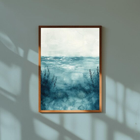 Serene Coastal Ocean Watercolor Art Print with Underwater Seaweed and Waves