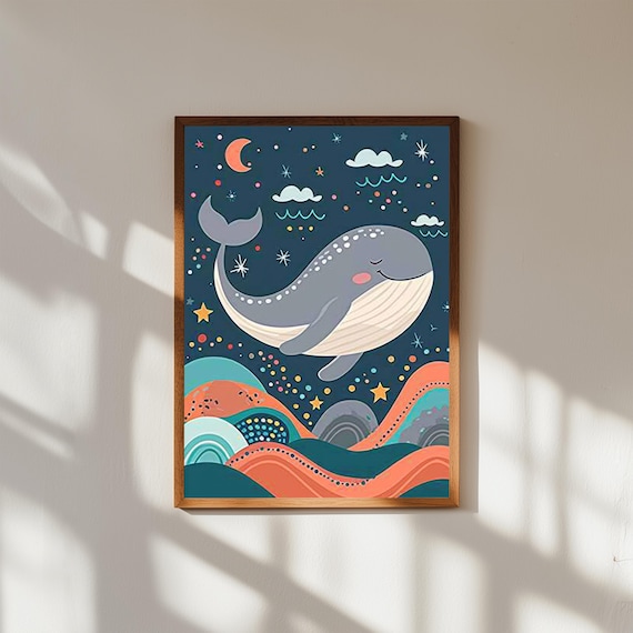 Cute Whale Night Ocean Moon Stars Nursery Kids Animal Poster