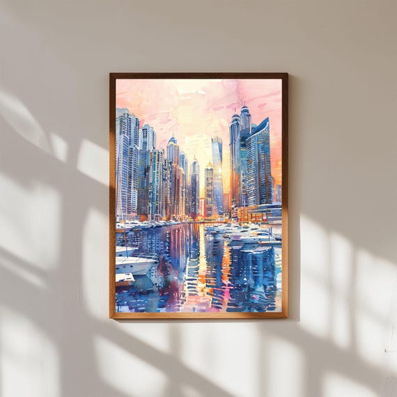 Dubai Marina Watercolor Print Modern Cityscape Uae Travel Art