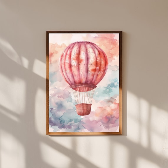 Pink Hot Air Balloon Floating Over Pastel Clouds Watercolor Art Poster