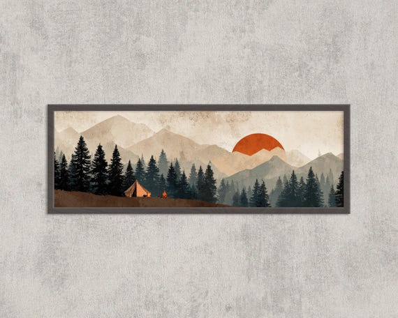 Camping Panorama Wall Art Retro Forest Tent Mountain Sunset Print Wilderness Adventure Poster