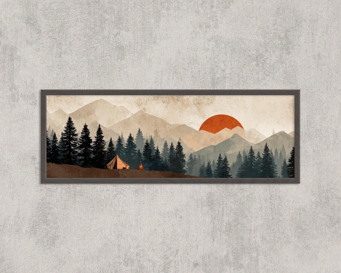 Panoramic Camping Scene Tent Forest Sunset Vintage Adventure Poster