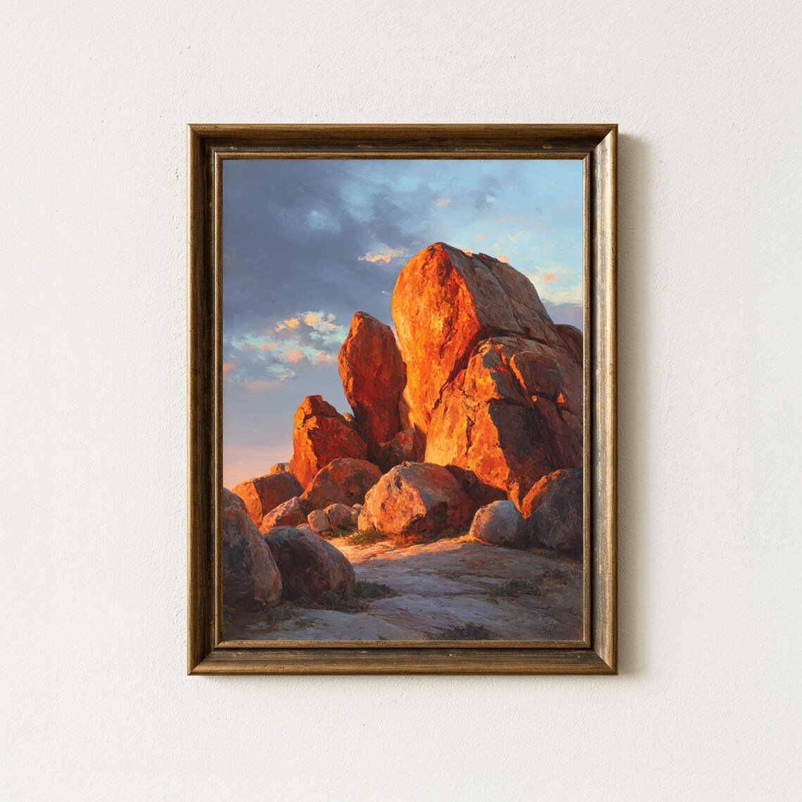 Granite Boulders Golden Sunset Desert Rocks Oil Painting Print