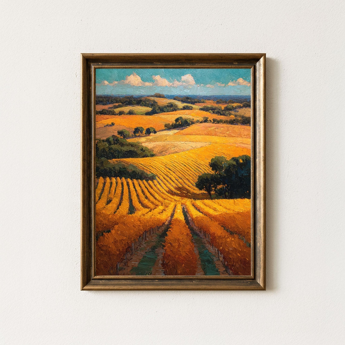Golden Vineyard Sunset Oil Painting Rolling Hills Harvest Poster