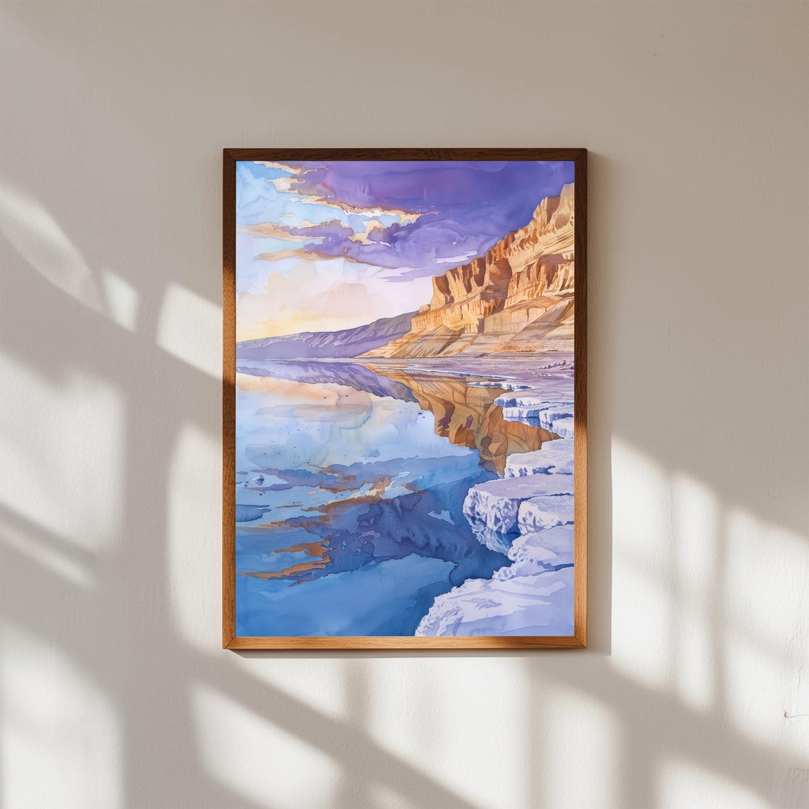 Dead Sea Salt Shore Cliffs Serene Desert Watercolor Landscape Print