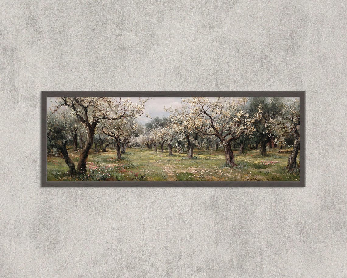 Blooming Orchard in Spring Vintage Landscape Panoramic Art Poster
