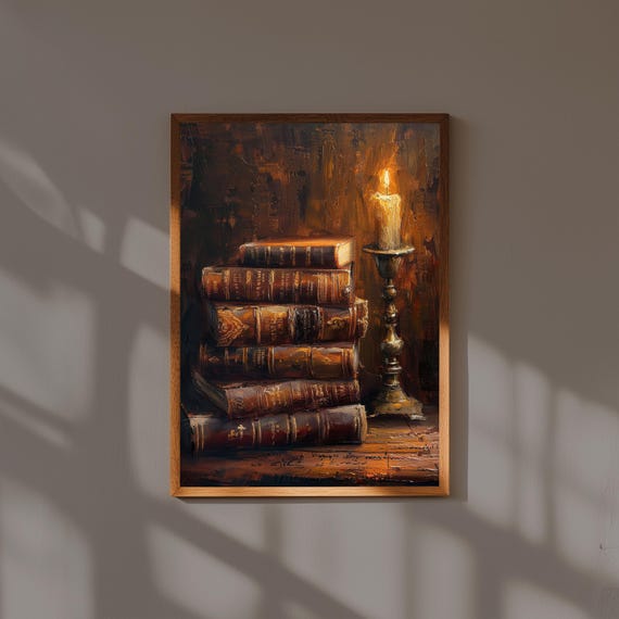Dark Academia Fine Art Print Antique Leatherbound Books On Wooden Desk Literary Still Life Wall For Study Or Library