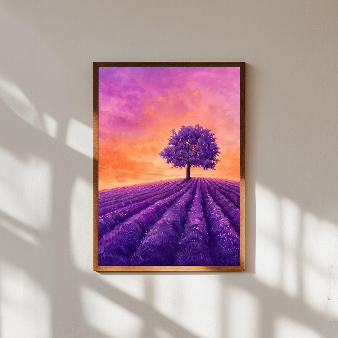 Lavender Field Watercolor Poster Lone Tree Sunset Rows Purple Sky Art
