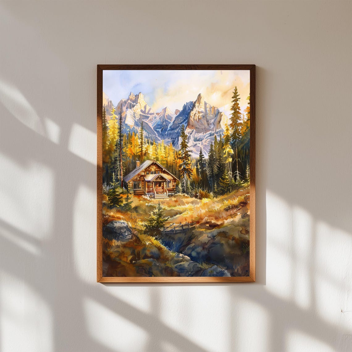 Autumn Log Cabin Golden Aspen Forest Watercolor Mountain Lodge Print
