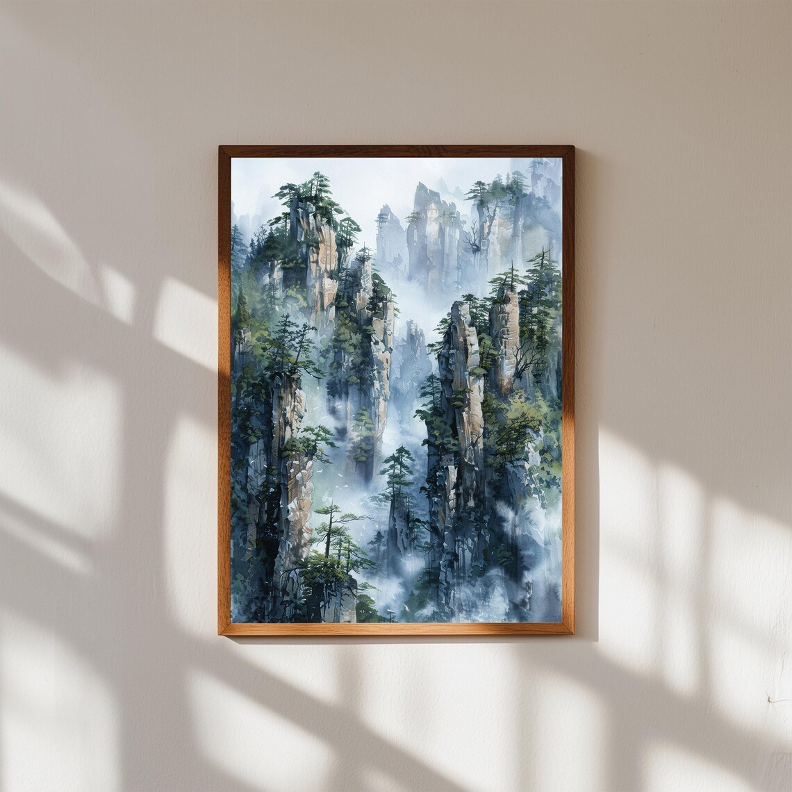 Misty Mountain Peaks Fog Asian Landscape Watercolor Art Poster