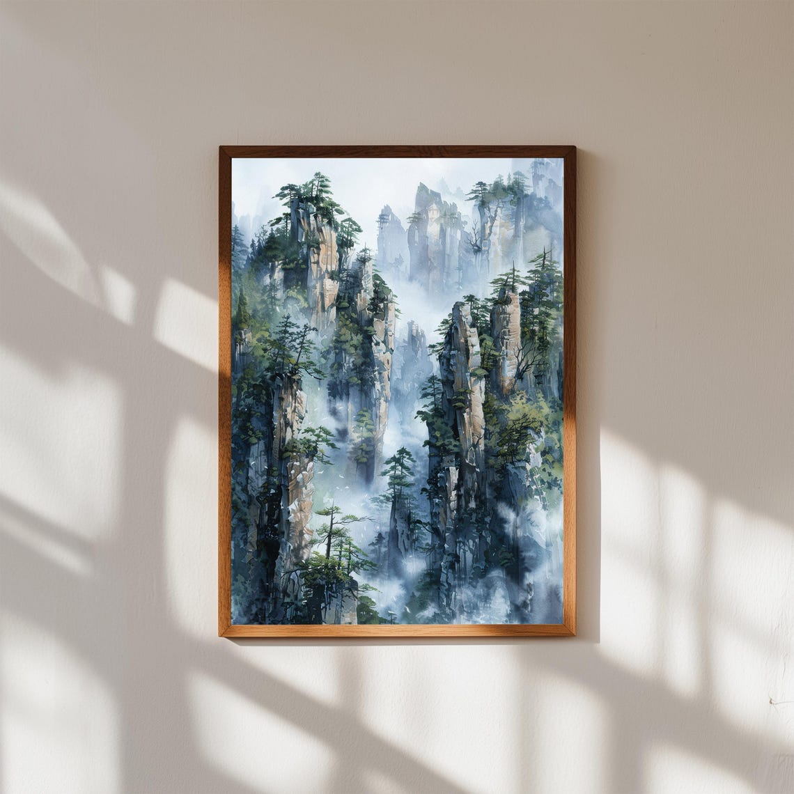 Misty Mountain Watercolor Print Asian Landscape Zen Home Decor
