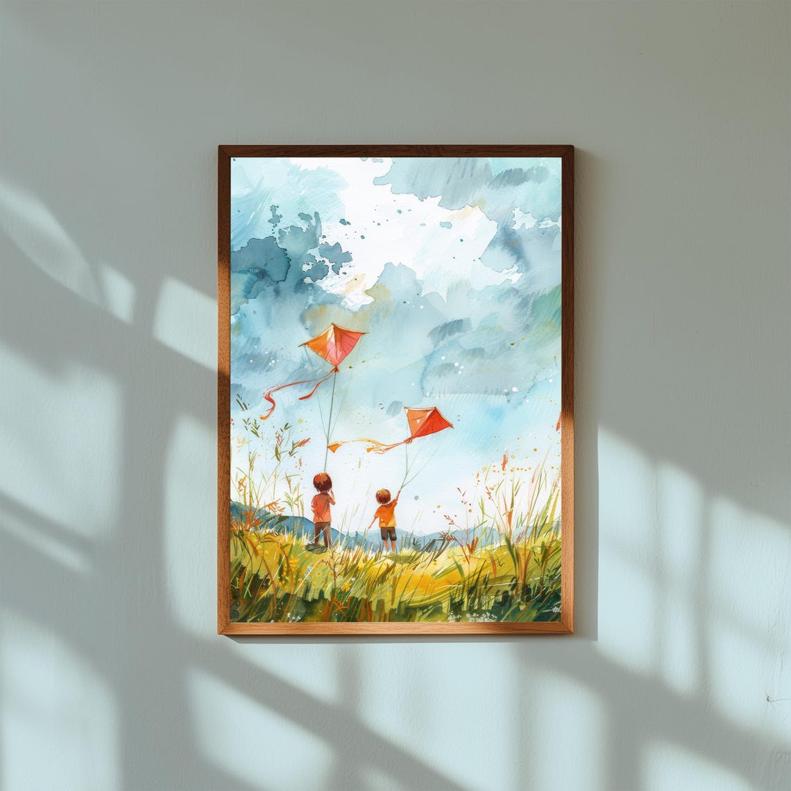 Watercolor Boys Flying Kites Windy Hill Nostalgic Kids Art Poster