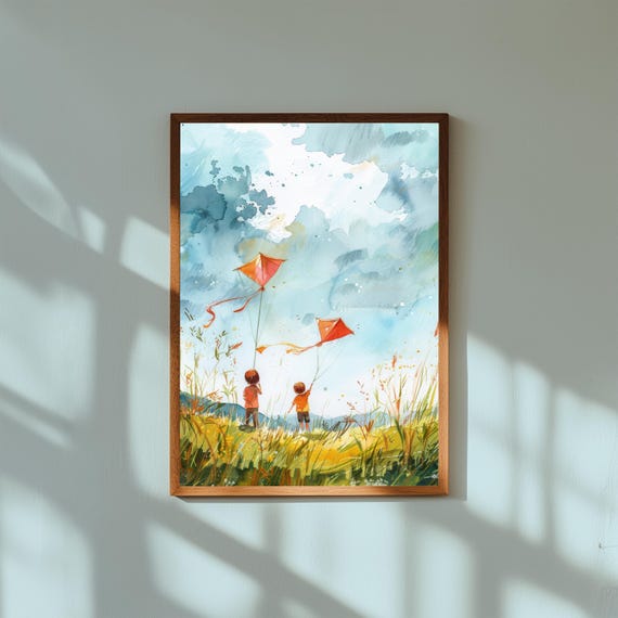 Watercolor Kite Flying Art Print Children In Field Playful Pastel Nursery Decor