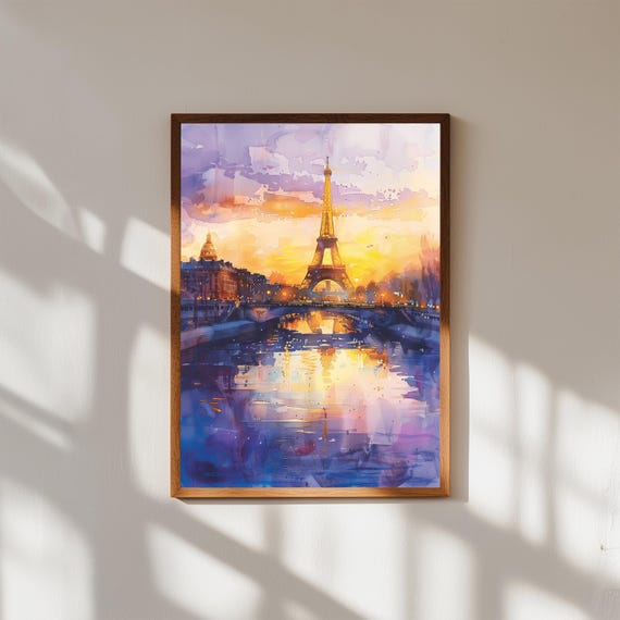 Paris Eiffel Tower Watercolor Print Sunset Cityscape Wall Art