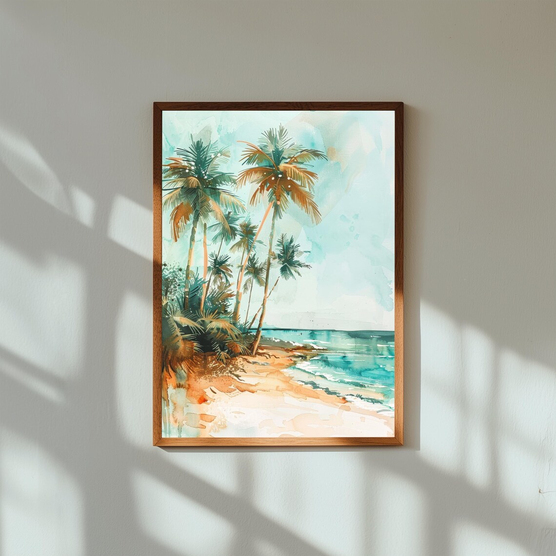 Tropical Palm Tree Beach Watercolor Art Print with Turquoise Ocean Shore