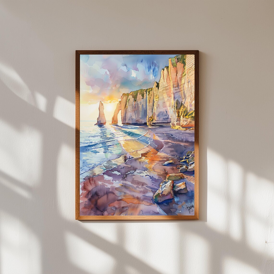 Etretat France Chalk Cliffs Coastal Sunset Watercolor Art Poster