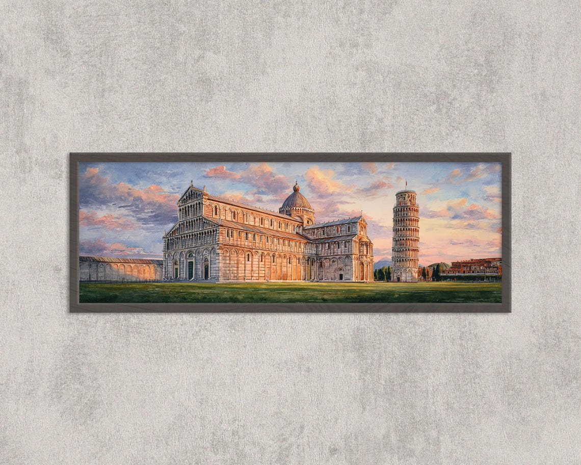 Leaning Tower of Pisa Cathedral Sunset Panoramic Watercolor Art Poster