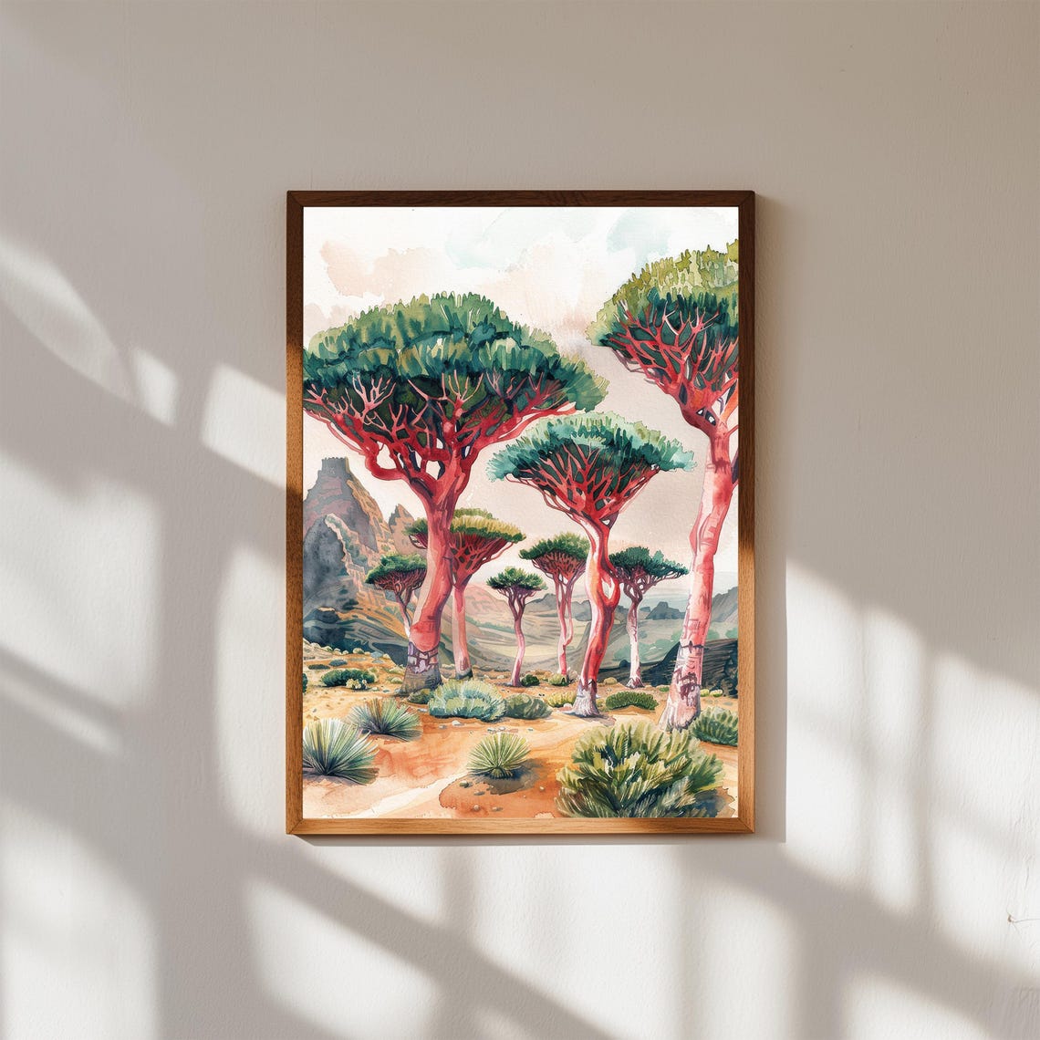 Dragon Blood Trees Socotra Wall Art Exotic Landscape Watercolor Print Mystical Nature Botanical Decor