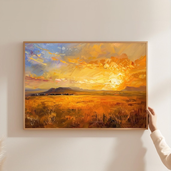 Golden Savanna Sunset Vast Grassland Big Sky Oil Painting Poster
