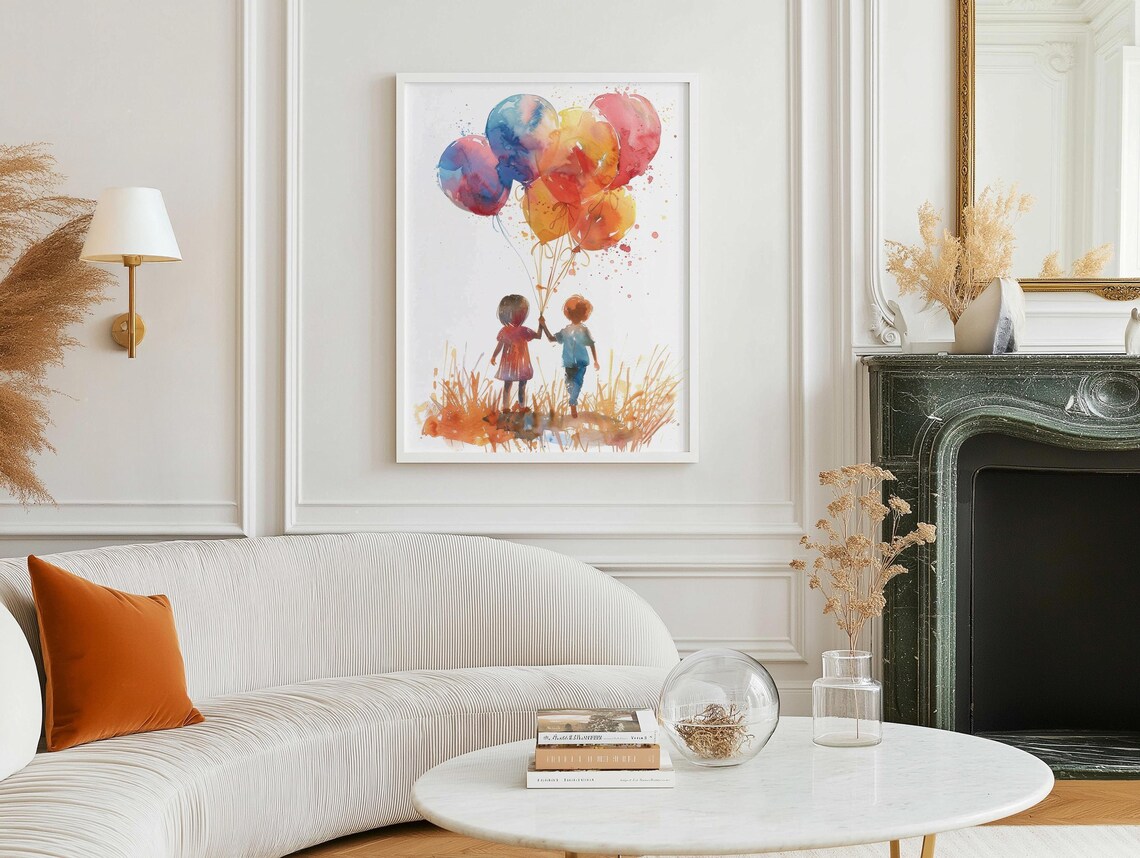 Two Children Holding Bright Balloons Watercolor Nursery Art Poster