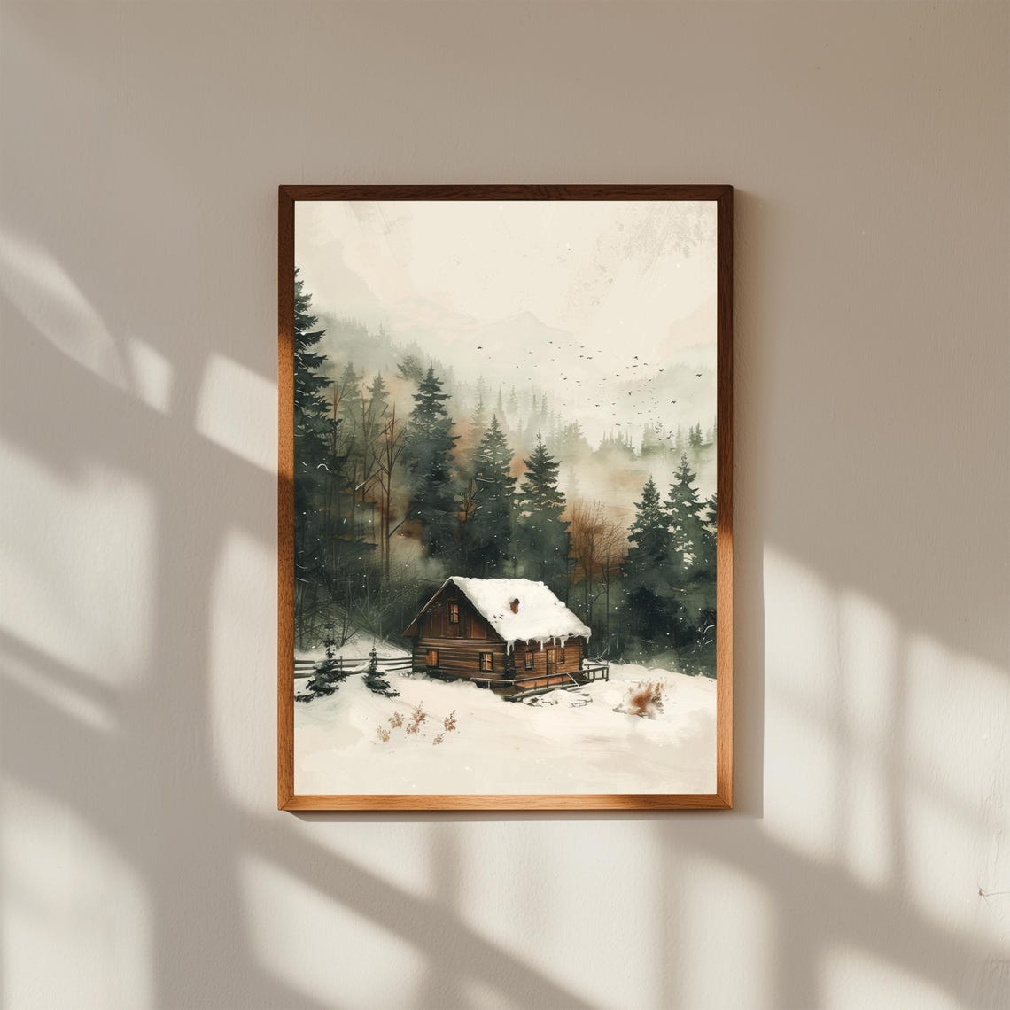 Snow Covered Log Cabin In Misty Winter Forest Watercolor Art Print