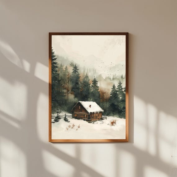 Winter Cabin Art Print Snowy Pine Forest Landscape
