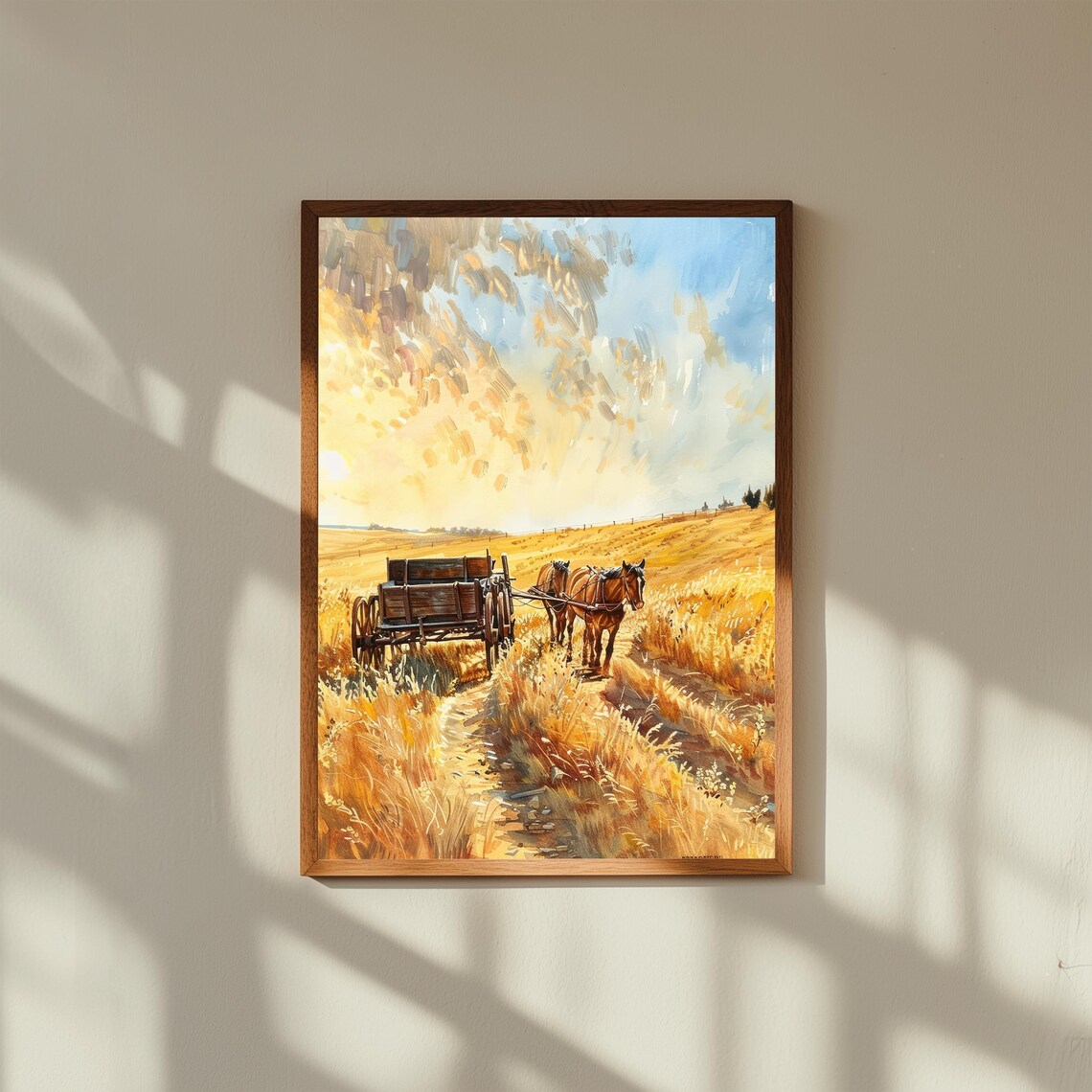 Horse Drawn Wagon Golden Field Sunset Harvest Country Farm Print
