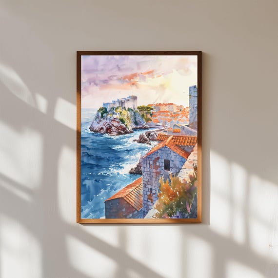 Dubrovnik Watercolor Print Croatia Coastal Cityscape Art