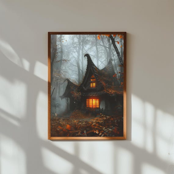 Cozy Witch Cottage in Foggy Autumn Forest, Art Print