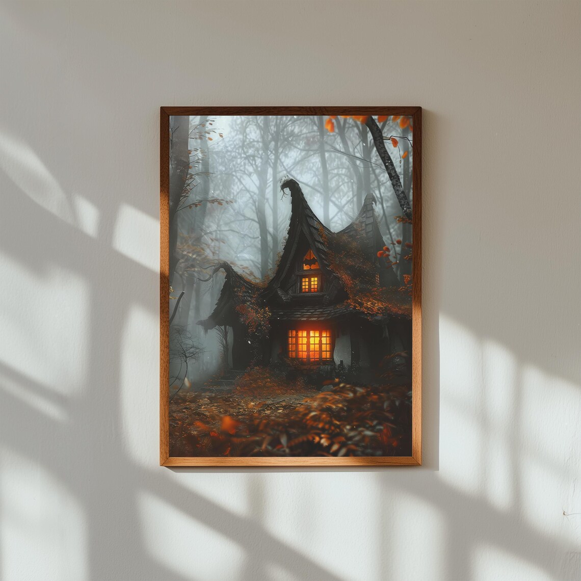 Cozy Witch Cottage in Foggy Autumn Forest, Art Print
