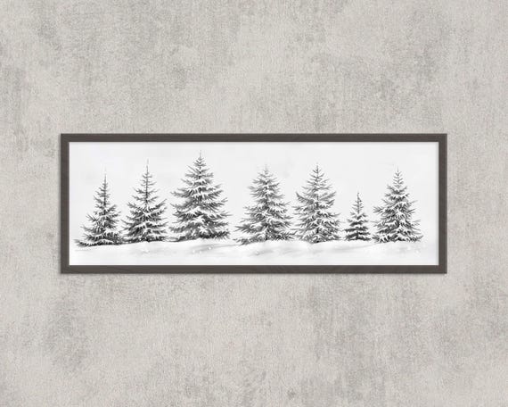 Vintage Snowy Evergreen Trees Print Minimalist Winter Wall Art