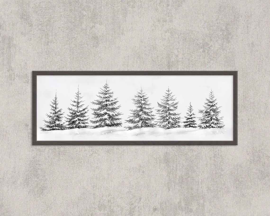 Snowy Evergreen Trees Minimalist Winter Forest Panoramic Art Poster
