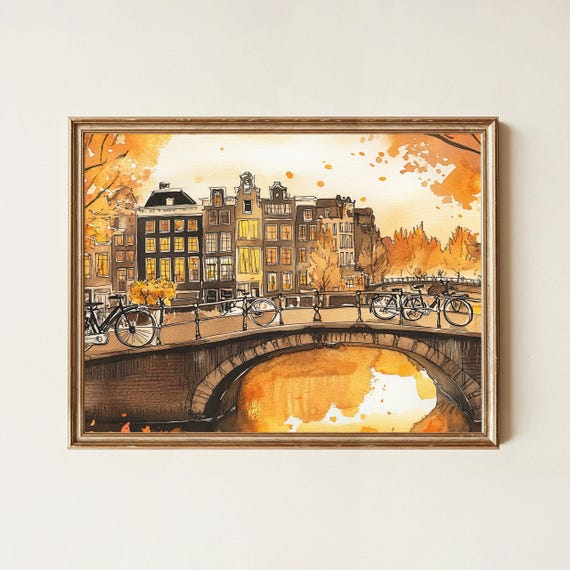 Amsterdam Autumn Bridge Wall Art Watercolor And Ink Illustration Of Canal Houses Bicycles