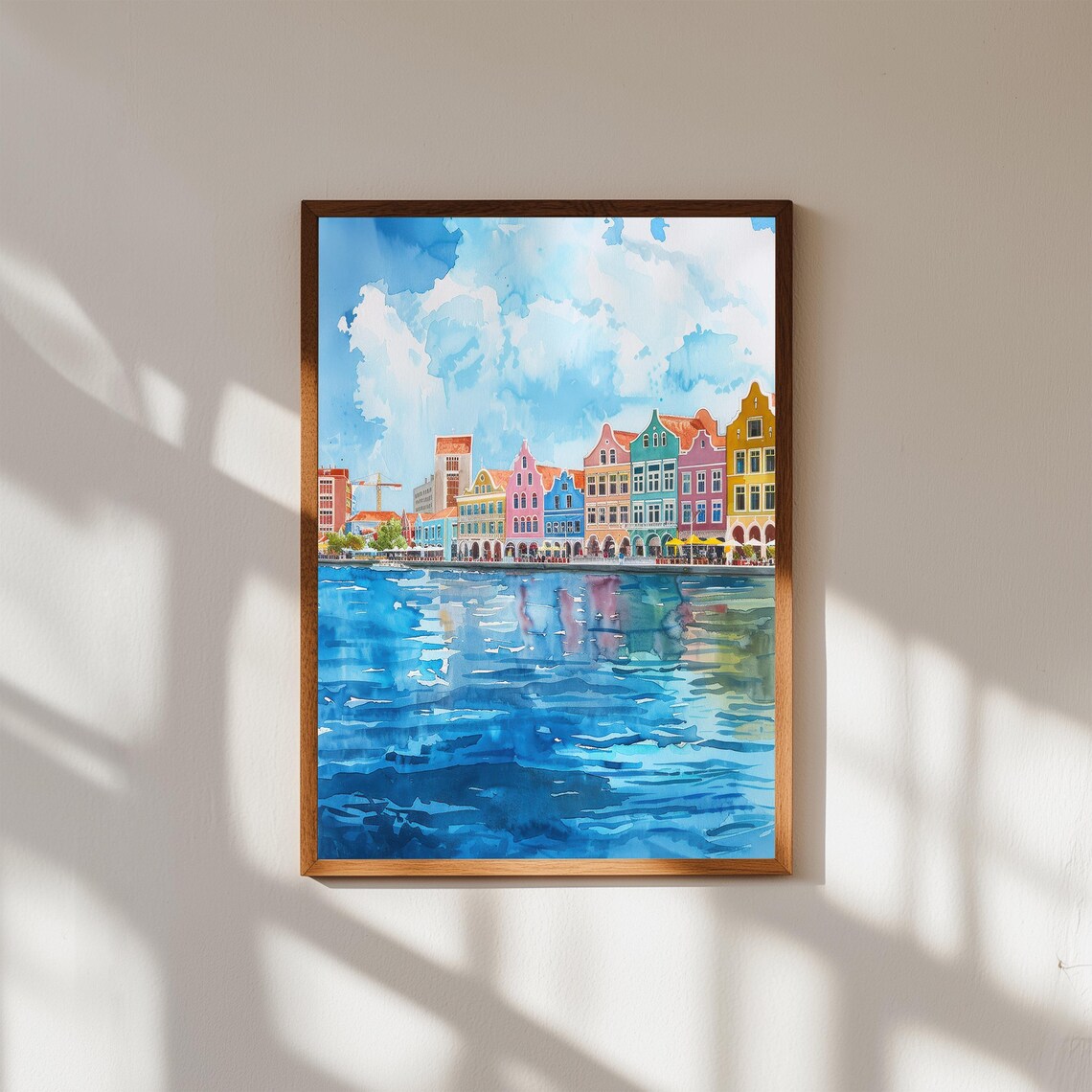 Colorful Waterfront Row Houses European Harbor Watercolor Poster