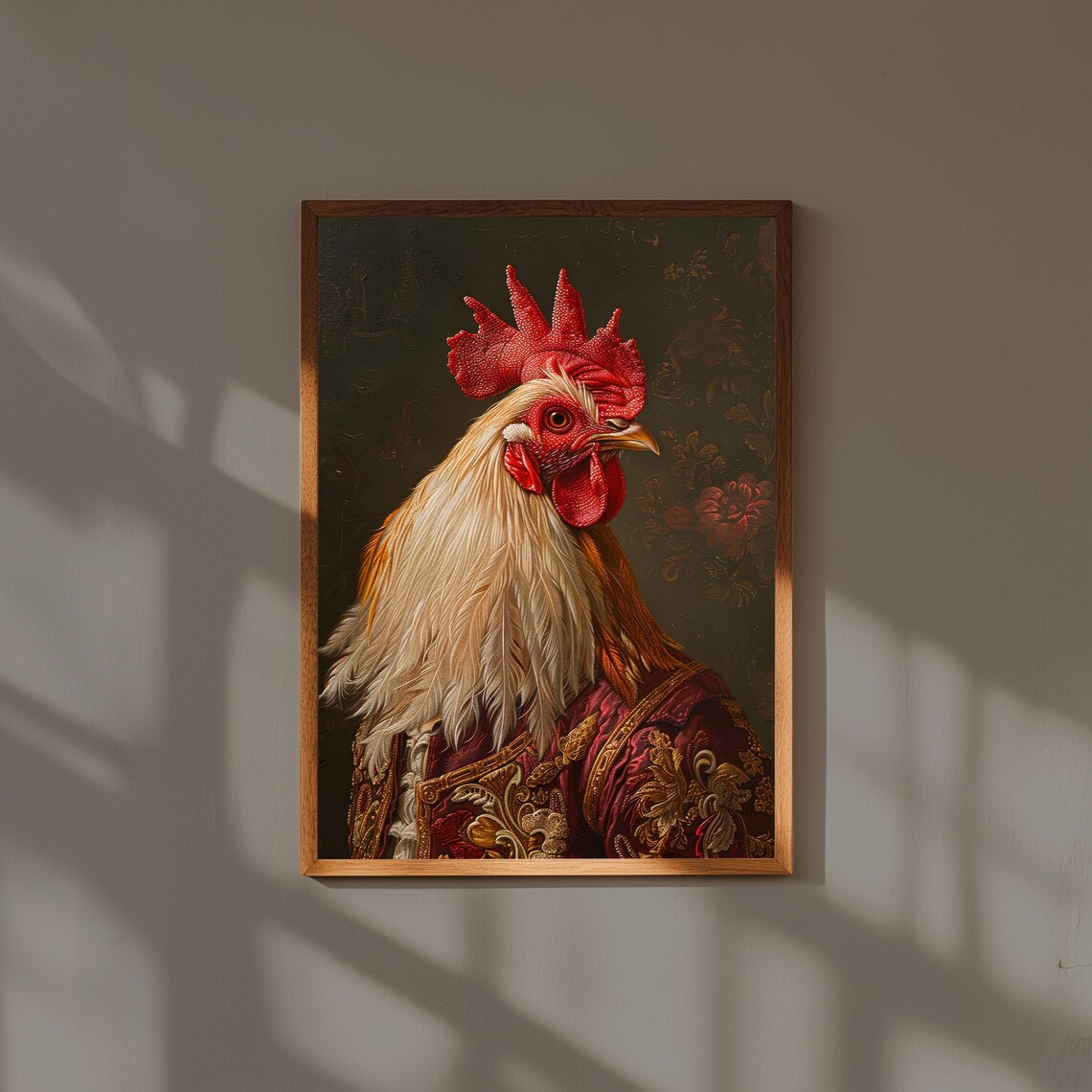 Regal Rooster Portrait in Baroque Coat Oil Painting Style Art Print