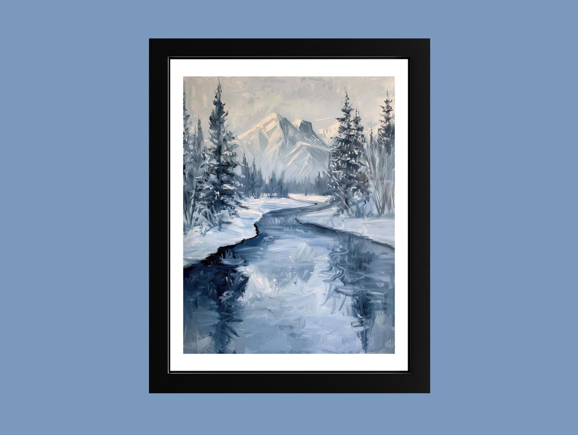 Snowy River Through Pine Forest Winter Mountain Scene Poster