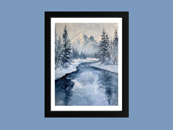 Winter River Oil Painting Snowy Pine Forest Landscape Print Cold Nature Scene Wall Art Serene Fine Poster