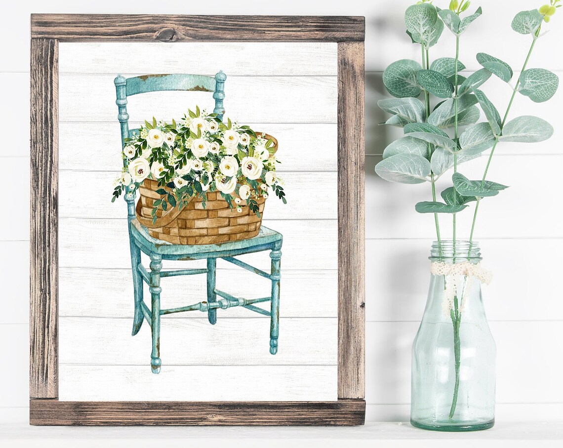 Teal Distressed Chair with Basket of White Flowers Decor Poster