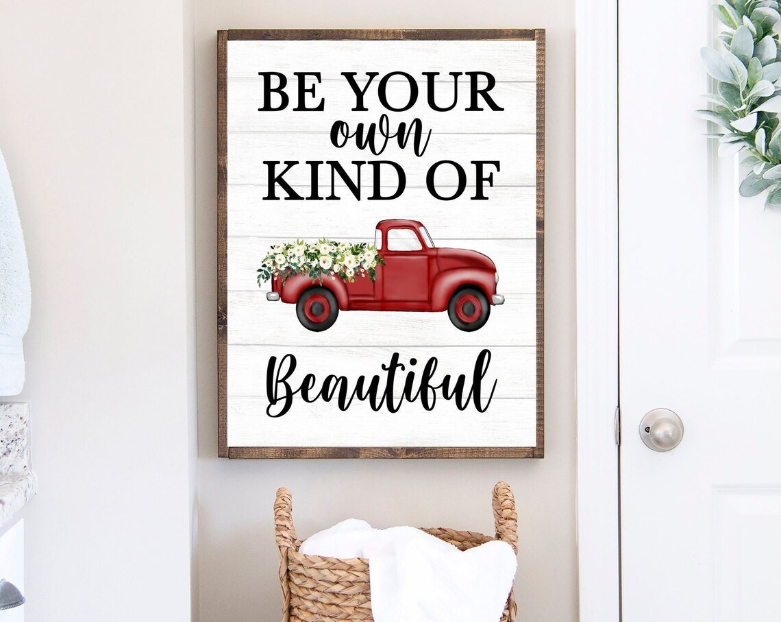 Red Vintage Pickup Truck With White Florals Inspirational Wall Poster