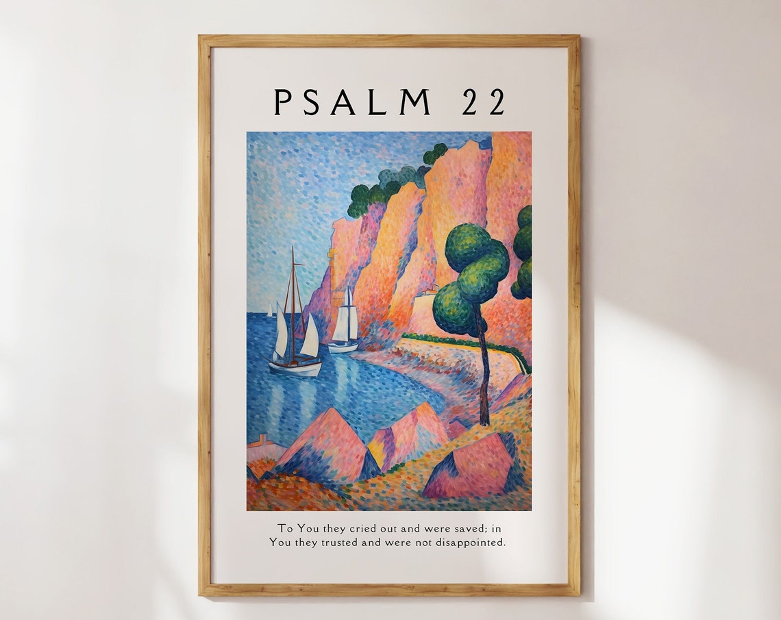 Psalm 22 Pointillist Coast Sailboat Coastal Scripture Verse Poster