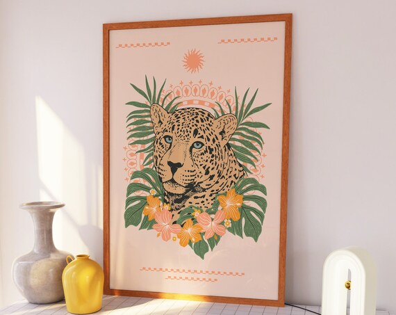 Boho Leopard Tropical Jungle Monstera Floral Botanical Art Poster