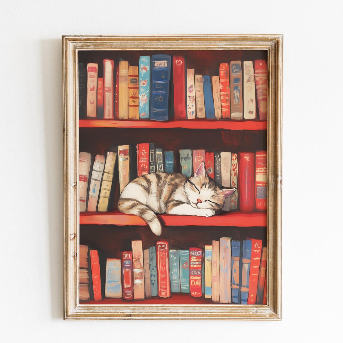 Sleepy Tabby Cat on Red Bookshelf Cozy Library Reading Nook Poster