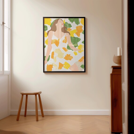 Modern Woman Floral Dress Abstract Summer Yellow Green Portrait Art Poster