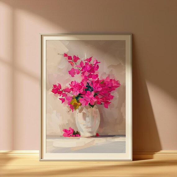 Pink Bougainvillea Floral Wall Art Modern Botanical Vase Print Bold Spring Bloom Artwork For Home Decor Fuchsia Dreams