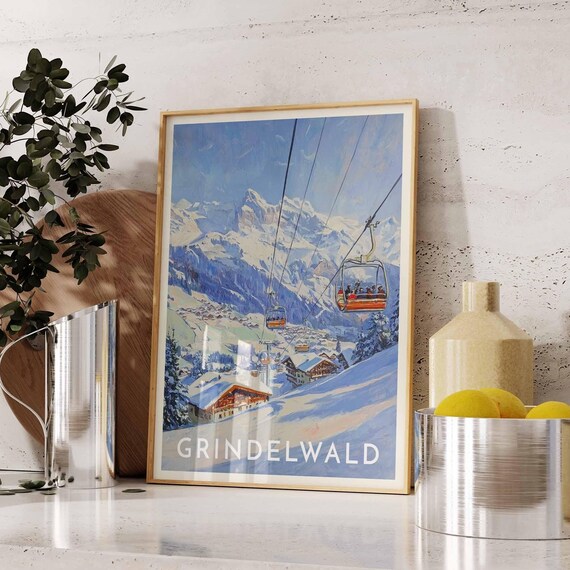Grindelwald Alpine Snowy Gondola Cable Car Winter Village Poster