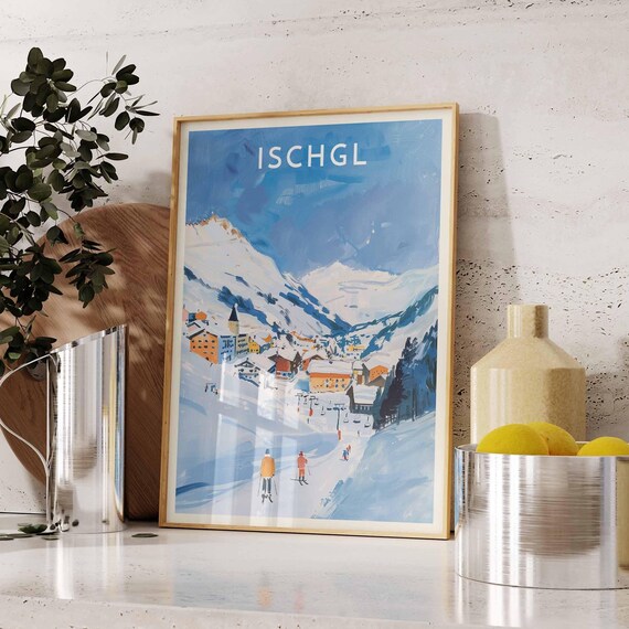 Ischgl Austria Valley Village Skiers Slope Winter Scene Poster